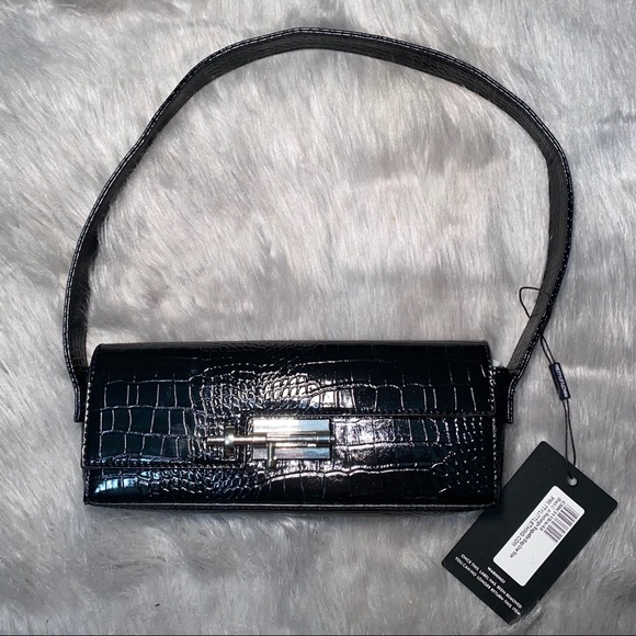 Black Croc Rectangle Baguette Bag - Picture 2 of 5